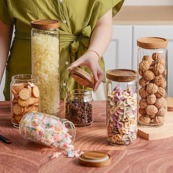 54 Oz Tall Glass Jars with Airtight Wood Lids | High Borosilicate Kitchen Food Containers for Noddles/Pasta/Cookies