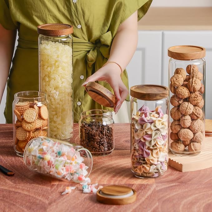 3 Pack Glass Jars with Acacia Wooden Lids | 34 Oz Kitchen Storage Containers Food Canisters Stackable Design