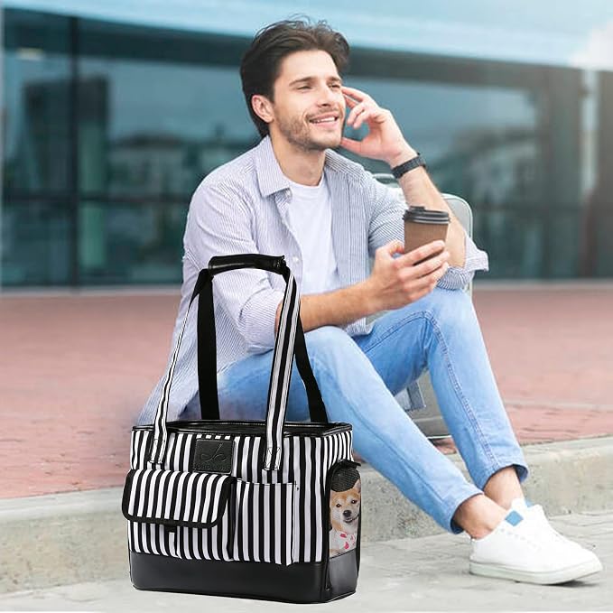 Cat Carrier, Dog Carrier, Pet Carrier, Foldable Waterproof Premium PU Leather Oxford Cloth Dog Purse, Portable Bag Carrier for Small to Medium Cat and Small Dog - Black White Stripes New