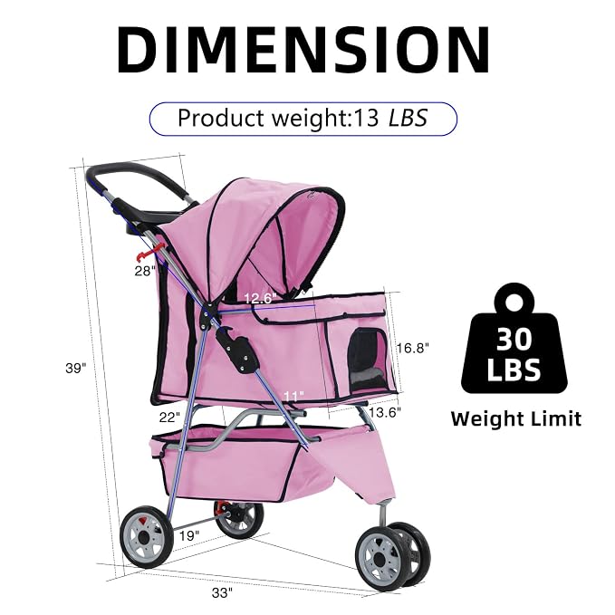 Puppy Stroller, 3 Wheels Pet Dog Cat Stroller, Folding Carrier Waterproof Puppy Stroller with Cup Holder & Removable Liner, Dog Strollers for Small Dogs, for Small and Medium Pets (Pink)