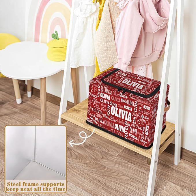 Personalized Name Storage Basket with Zipper Lid, Solid Red Canvas Storage Bins Toys Clothes Organizer for Bedroom, Kitchen, Bathroom, Nursery, Shelves, Closets