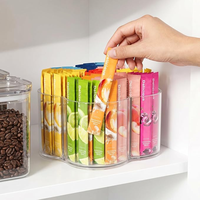 Drink Packet Organizer for Powdered Drink Mix, Divided Rotating Lazy Susan | Lazy Susan Turntable Organizer for Powder Packet, Clear Turntable Organizer Tray for Water Flavor Packets, Powder Mixes
