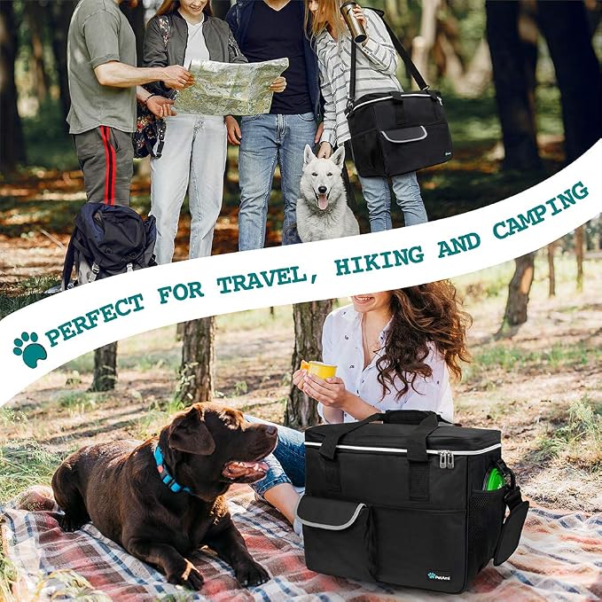 PetAmi Dog Travel Bag Organizer, Pet Supplies Tote Diaper Bag, Black Large | Pet Travel Kit with 2 Food Containers & 2 Collapsible Dog Bowls, Luggage Sleeve, Weekend Getaway Road Trip Camping Essentials