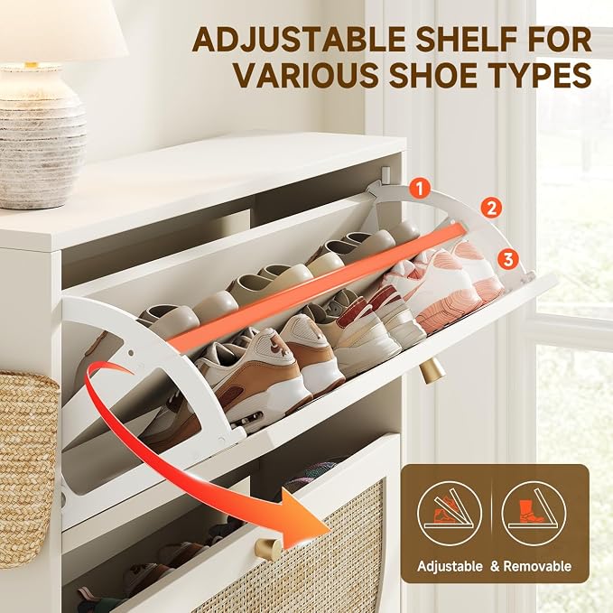 Shoe Cabinet Storage for Entryway Slim 9.5" Freestanding Floor Base Shoe Storage Cabinet, 2 Flip Drawers with 3-Position Adjustable Divider, Holds 16-24 Pairs, Cream White