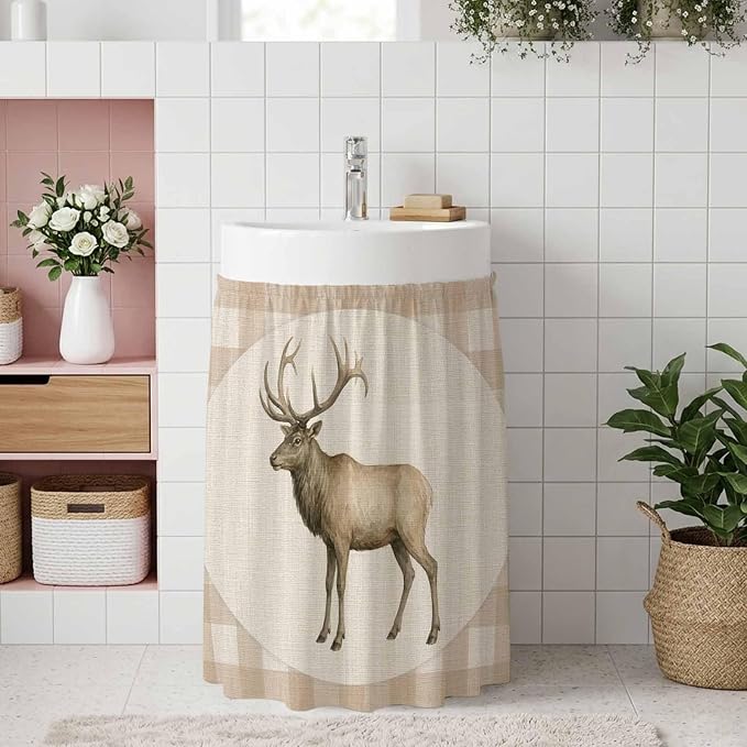 Majestic Buck Oven Skirt Curtain for Kitchen Decor 28"x35", Vintage Natural Buck Rustic Linen Plaid Self Adhesive Stove Curtains Skirt Cabinet Curtains for Bathroom Laundry Room