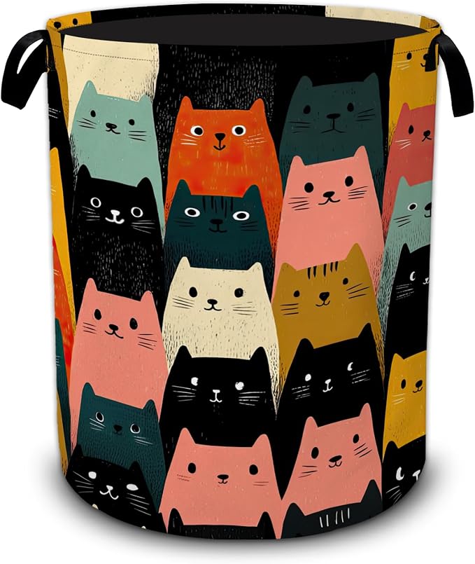 Cute Cat Laundry Basket,Large Collapsible Portable Round Laundry Hamper with Handles,Oxford Storage Bin for Clothes,Blankets,Bedroom,Bathroom