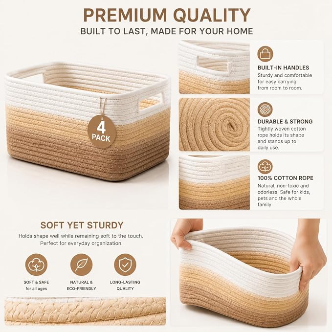 4 sets of hand-woven cotton rope storage boxes, suitable for toys, books, clothes, bathrooms, car trunks used for organizing decoration, Khaki color Two 16x14x7 in two 14x10x7in