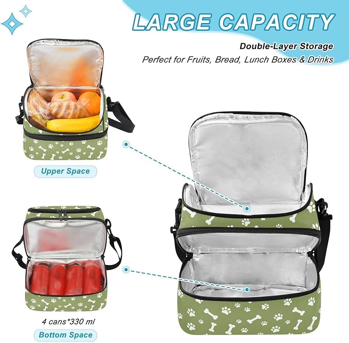 Pet Paw Insulated Lunch Tote Bag Organizer for Work | 8L Double Deck,Large Lunch Box with Shoulder Strap,Thermal Meal Prep Cooler,Suitable for School Work Picnic Office Travel