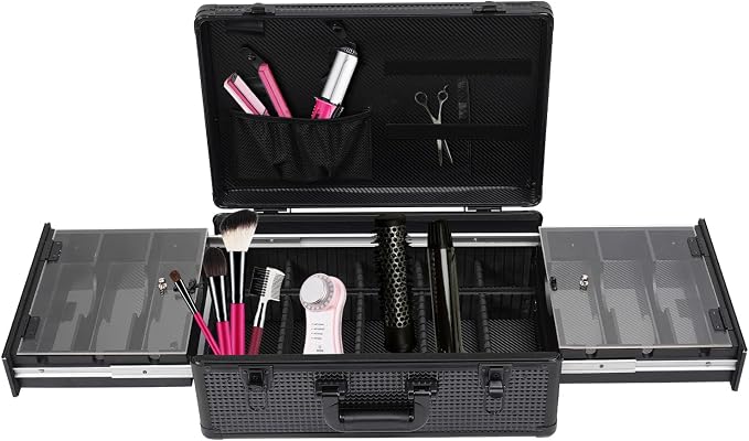 Beauty Professional Barber Case, Barber Clipper Case With 2 Side Pull Out Trays, Large Capacity Aluminum Cosmetic Case for Hair Stylists, Makeup Artists