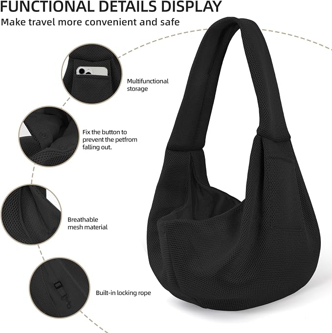 Dog and Cats Carrier Sling, Breathable Puppy Small Pet Carrier with Pocke | Reversible Dog Sling Carrier, Safety Buckle, Storage Pocket, Machine Washable for Travel, Outdoor Activities, Hand-Free,Black
