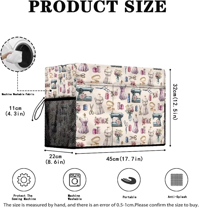 Sewing Print Design Sewing Machine Cover,Duty Protective Dust Cover with Storage Pockets for Most Standard Singer & Brother Sewing Machines and Accessories