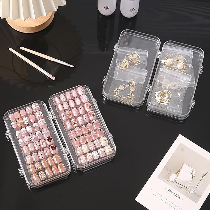 Inmorven Press On Nail Storage Box, Tri-Fold Transparent PET Nail Organizer Case with 30pcs Double-Sided Adhesive Tape, Portable 3-Layer Fake Nails Display Holder for Travel & Home
