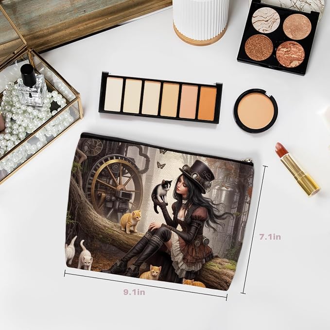 Steampunk Makeup Bag, Cat Lover Travel Makeup Case Cosmetic Bags for Women | Cats Portable Pouch Purse Travel Essentials Toiletries Accessories, Christmas Birthday Gifts for Women