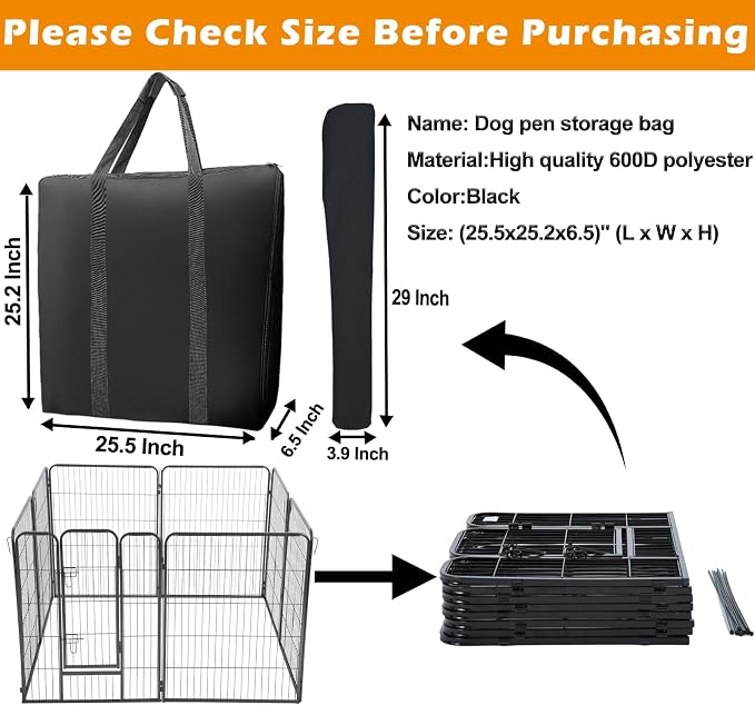 LWFCOEE Dog Playpen Storage Bag, 24/32/40 Inch Waterproof Heavy Duty Dog Fence Travel Bag with Handle for RV Trip, Fits 8 Panels Pet Pen and 9 Stakes, 25.5"x25.2"x6.5"