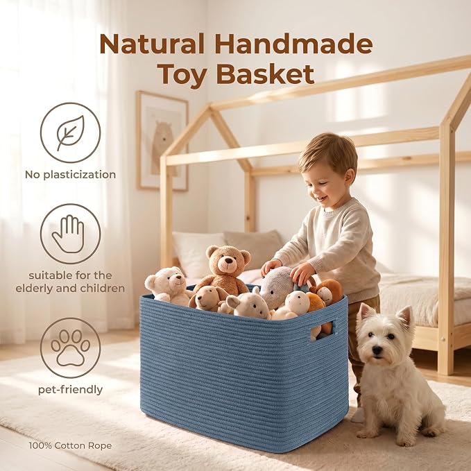 OIAHOMY 75L Large Blanket Basket, Woven Storage Basket with Handle, Cotton Rope Basket 22”x17”x12”,Blanket Basket Living Room, Toy Basket for Nursery, Blue