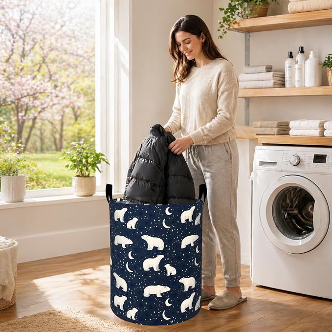 Cute Polar Bear Laundry Basket, Star and Moon Oxford Cloth Dirty Clothes Collapsible Hamper for Room Decor, Night Sky Winter Gifts, Toy Organizer 19.7 x 15.7 Inches for Bedroom Bathroom Dorm