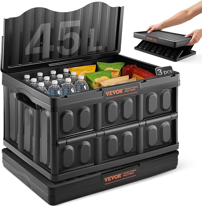 VEVOR 45L Collapsible Storage Bins with Lids 3 Packs, Stackable Utility Crates with Handles, Large Folding Containers for Organizing Tools, Snacks, Books, Food, Drinks, Camping & Transport