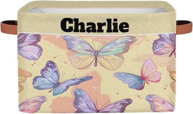 Personalized Storage Bins, Customized Name Storage Basket Rectangle Clothes Organizer for Organizing Kids and Pets Toys Shelf Closet, Watercolor Pink Purple Butterflies Yellow