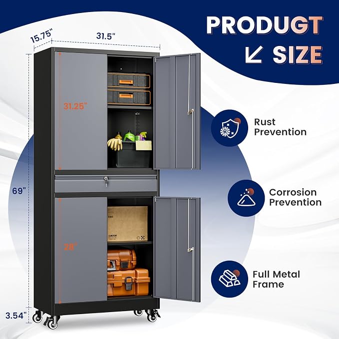 Metal Garage Storage Cabinet with Locking Doors and Adjustable Shelves, -73" Steel Rolling Tool Storage Cabinet with 4 Wheels and 1 Drawer for Garage,Office,Warehouse