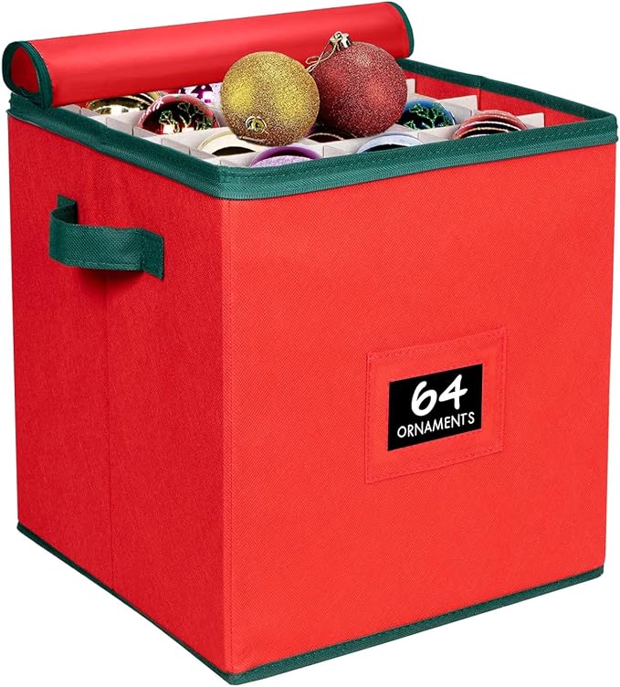 HOLDN’ STORAGE Christmas Ornament Storage Box Christmas Decor Storage Containers that Store up to 64 – 3” x 3” Holiday Xmas Ornaments – Adjustable Compartment To Fit Many Sizes Ornaments – Red