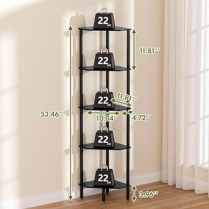 5-Tier Black Corner Shelf, Bamboo Corner Bookshelf, Indoor Plant Shelf, Kitchen Free Standing Shelf Storage Organizer, Tall Narrow Bookcase for Small Spaces, Bedroom, Living Room, Office