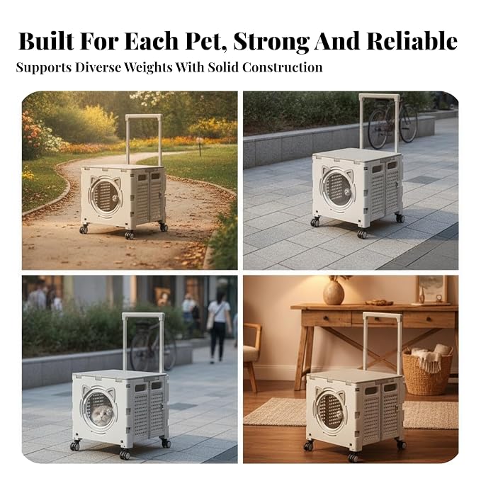 Outdoor Travel Cart Foldable Pet Trolley Carrier Crate with Telescopic Pull Handle Casters and Box Body Design with Ventilated Panels and Viewing, Array, Khaki