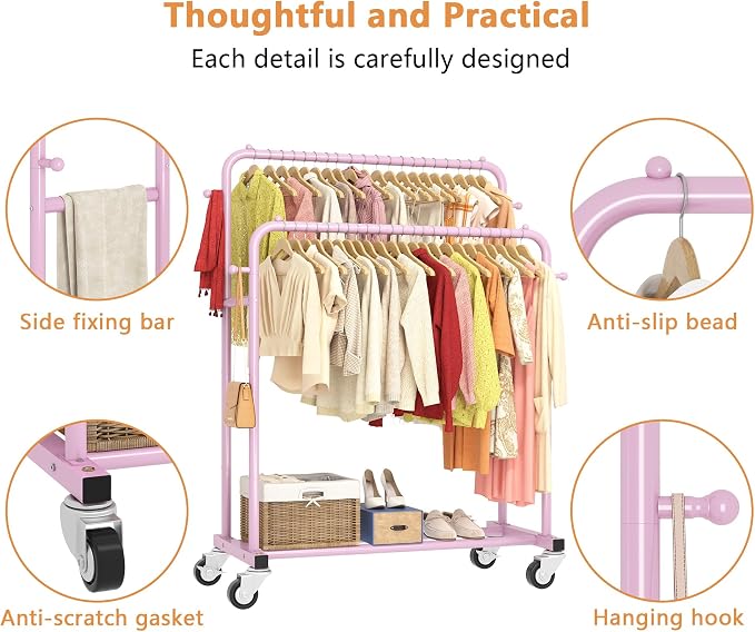 Laiensia Double Rods Garment Rack with Wheels, Clothing Rack for Hanging Clothes,4 Hooks, Multi-Functional Bedroom Clothes Rack, Pink