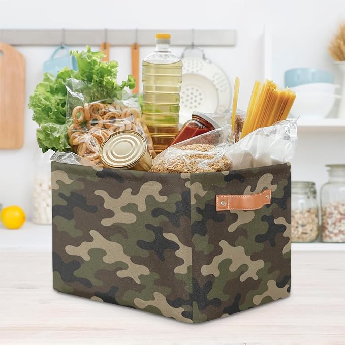 Pardick Camo Basket Storage Bins Rectangle Canvas Basket Cube Storage Box | Nursery Foldable Basket with Handle for Kids Girls Boys Toys Living Room Closet Organizer Shelf Gifts Military Army