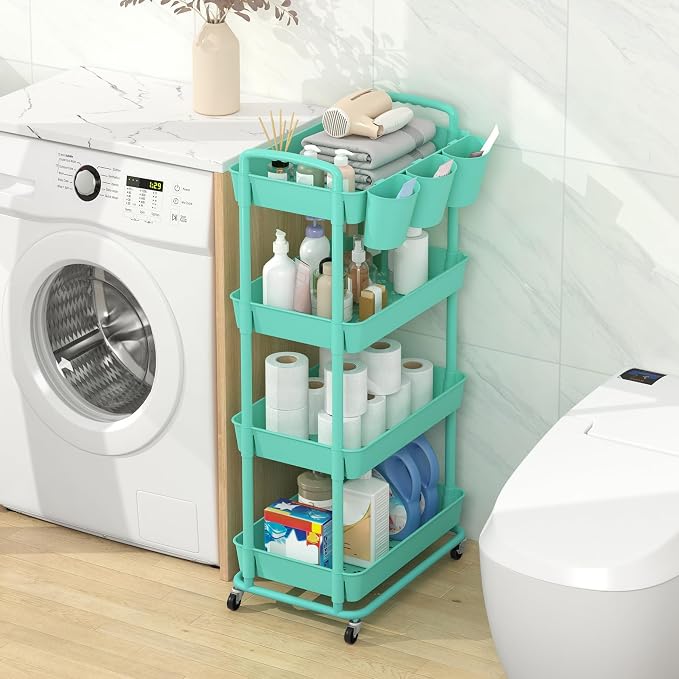 4-Tier Plastic Rolling Storage Cart Utility Cart with Extra Hanging Cups Handles Lockable Wheels for Living Room Bathroom Kitchen Office Green | Utility Cart with Extra Hanging Cups Arc-Shaped Handles Lockable Wheels for Living Room Bathroom Kitchen Of...
