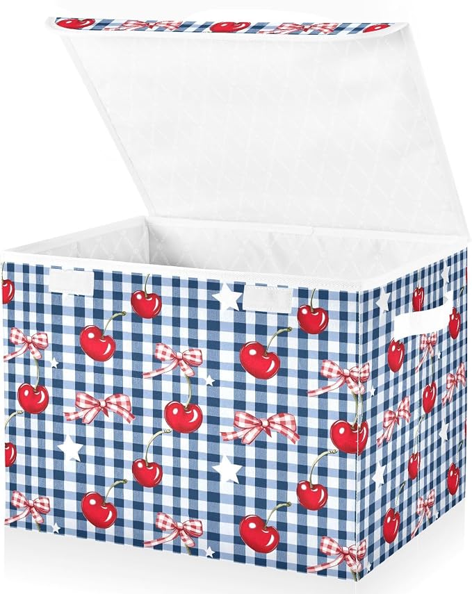 Cherry Gingham Fabric Storage Bins with Lid Foldable Storage Boxes Baskets | Decorative Storage Boxes, Foldable & Stackable, Dust-Proof Flip Top, Reinforced Handles, For Home & Dorm, Clothes & Toy Box