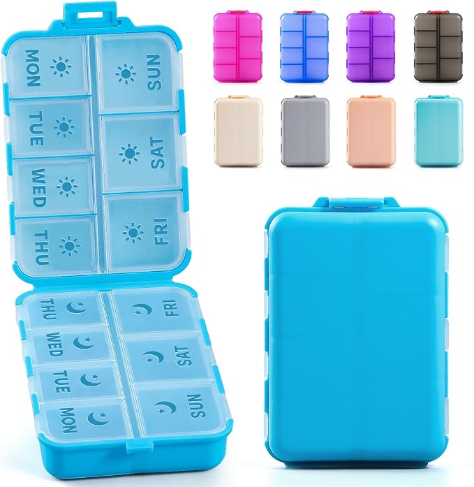 NEW Foldable & Double Protection Portable Weekly Pill Organizer 2 Times A Day with Etched Labels, AM PM 7 Day Week Medicine Box, Daily Travel Pill Case Holder Dispenser for Vitamin, Supplement - Blue