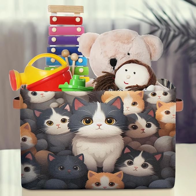 Cute Cats Storage Baskets Collapsible Storage Boxes Nursery Basket with Handles Fabric Storage Organizer Bins for Closet Shelves Book Cloth 15 X 11 X 9.5 IN