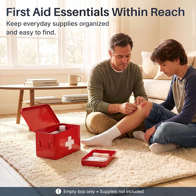 Flexzion Large Metal First Aid Box Empty, 8.5-Inch, Red with White Cross | Vintage Medicine Box and First Aid Storage Organizer with Removable Tray and Dividers; Empty Box Only, Supplies Not Included