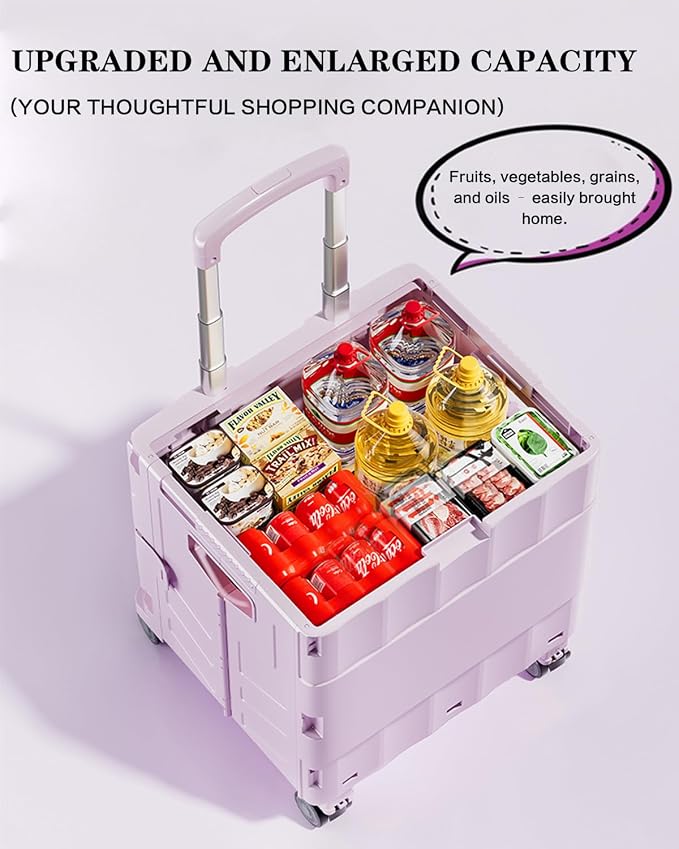 Collapsible Wheeled Crate with Lid,Folding Utility Cart Portable Rolling Crate Handcart,asket on 4 Rotate Wheels,Can Climb Stairs,Heavy Loads and Easy Storage C 36.5X32X92CM