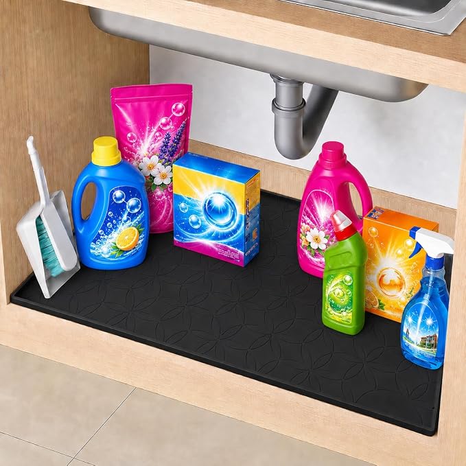 34"x22" Waterproof Cabinet Protector Silicone Under Sink Tray(Black) | Thick Silicone Under Sink Drip Tray with Protective Lip, Flexible Anti-Slip Mat for Kitchen, Bathroom, Laundry & RV