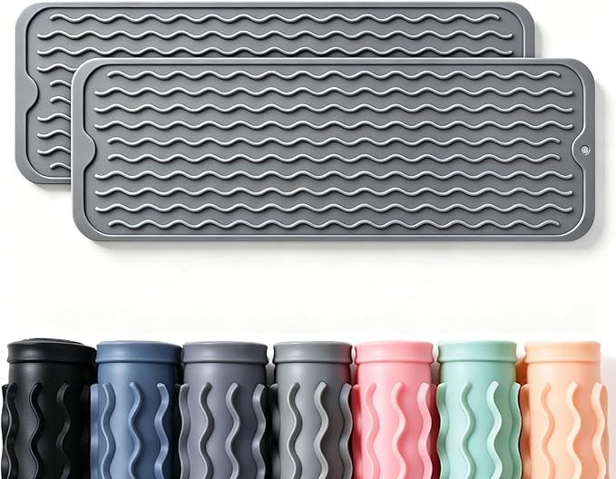 2 Pack Caketime Silicone Dish Drying Mat for Kitchen Counter Waterproof Under Sink Near Faucet with Bathroom Coffee Organizer Soap Holder New Home Essentials Drainers 17"x6" Gray