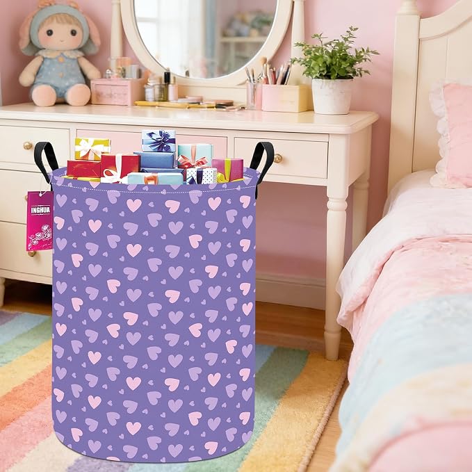 Purple heart Fabric Storage Bin Nursery Organizer Basket | Organizer Bin Dirty Clothes Collapsible Waterproof for College Dorms, Boys and Girls Bedroom,Bathroom