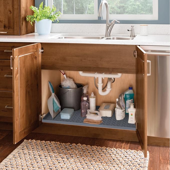 Under Sink Mat, 19"x22" Under Sink Mats for Kitchen, Silicone Waterproof Under Sink Liner, Sink Cabinet Organizer Tray with Drain Hole (Gray, 19X22)