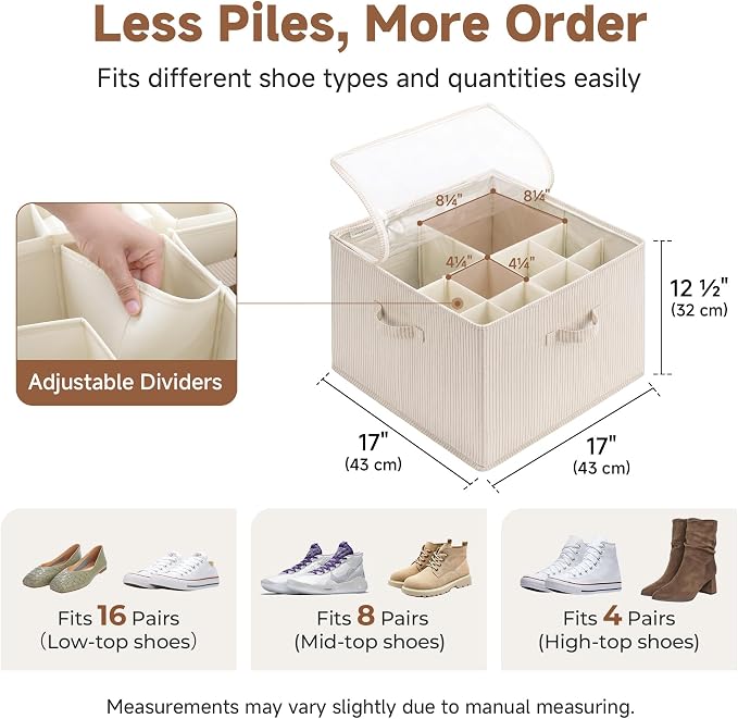 StorageWorks 2-Pack 32-Pair Shoe Organizer Bins, Khaki and Beige Stripes | Adjustable Dividers, Holds up to 16 Pairs Each, Foldable, Clear Lid, Fits Shoes, Clothes, Blankets, For Seasonal Storage