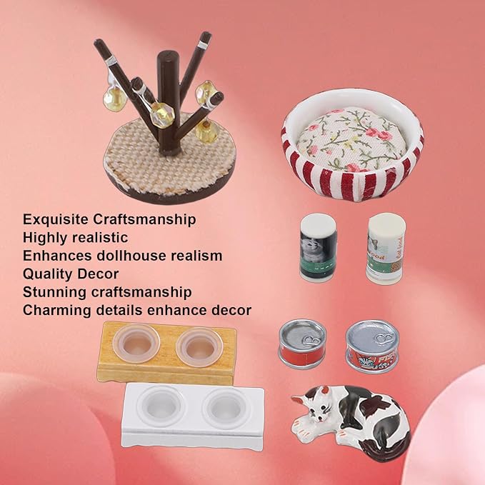 Focket 1:12 Dollhouse Cat Figurines, Miniature Dollhouse Accessories with Cat Bowl Stand and Bed, for Pet Lifestyle Display and 1/12 Scale Model Houses