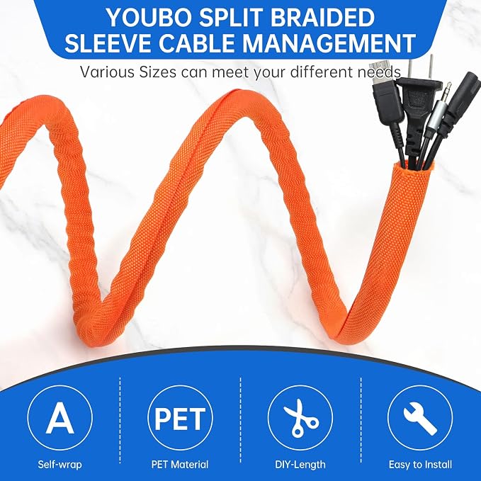 Split Braided Cable Sleeve，Flexible Wire Loom Tubing, Automotive Cord Protector Pet Proof, Cable Management for Computer TV Electric Wires Harness 16ft (Orange, 5mm（3/16")