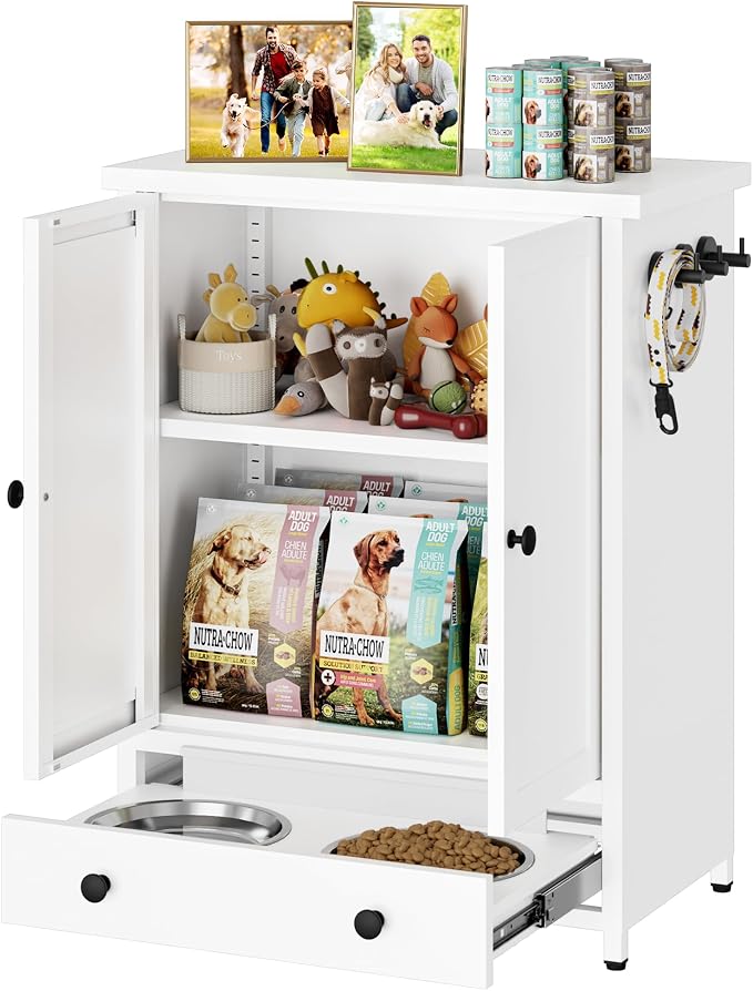 Dog Feeding Station with Storage, Metal Dog Food Storage Cabinet with 2 Elevated Bowls and 3 Hooks, Pet Feeding Station and Dogs Food Storage Organizer
