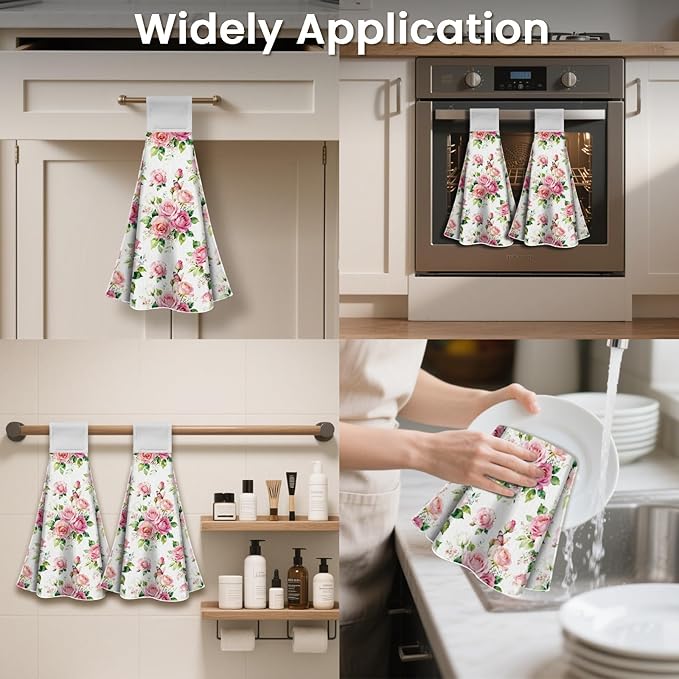 CUTHOLLOW Pink and White Roses Hanging Kitchen Towels with Loop, Set of 2 - Soft & Super Absorbent Microfiber Decorative Hanging Dish & Hand Towel, Tea, Coffee Towel for Kitchen Bathroom Oven Handle