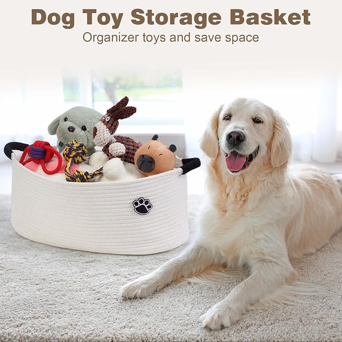 Optish 40L Extra Large Dog Toy Basket, 20" x 14" x 9" XL Toy Storage Box and Bin with Handles, Woven Cotton Rope Foldable Basket for Blankets, Living Room, Bedroom, Home Decor, White