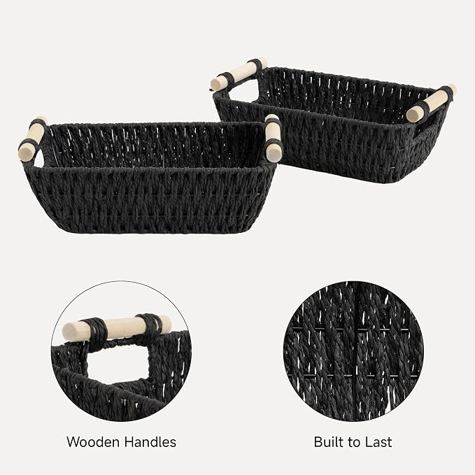 StorageWorks Small Storage Basket, Organizing Baskets for Shelf, Black | Wicker Storage Baskets for Shelves, Baskets with Wooden Handles, 2-Pack Gifts Basket for Home Decor, Hand-Woven Basket