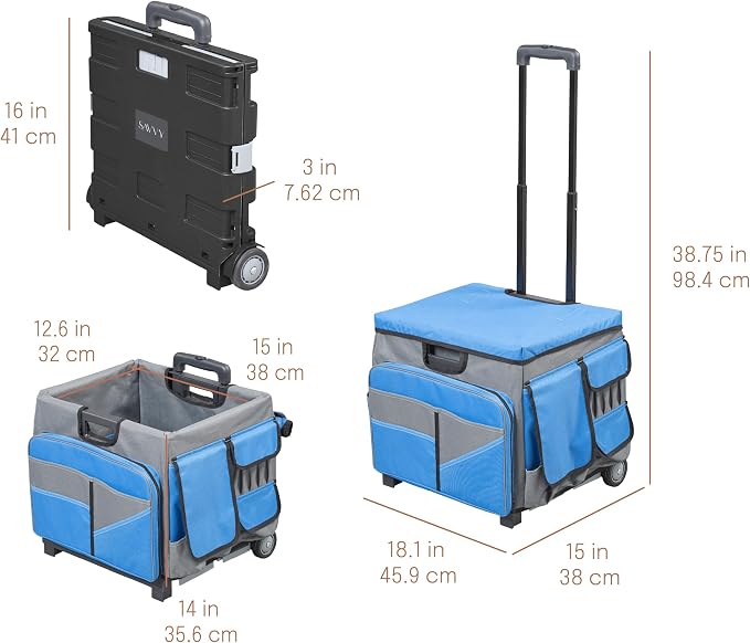 Folding Mobile Utility Cart, Canvas Organizer Bag, Blue/Grey | Durable plastic, 30 compartments, adjustable handle, 40 lb capacity, collapses to 3" thick, rolling wheels for easy transport