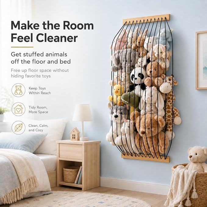 Stuffed Animal Storage Wood Soft Toy Organizer for Kids Room，Cute and Durable Wall or Door Mount Length Adjustable Hanging Stuffed Animal Toy Organizer Shelf for Nursery Play Room Black -Patent