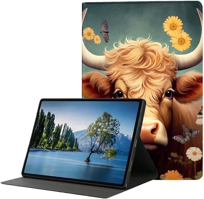 for Samsung Galaxy Tab A 8.0 2019(SM-T290/T295) Tablet Case,Premium Leather Folio Stand Auto Wake/Sleep,Multiple Viewing Stand,Cute Highland Cow Flowers