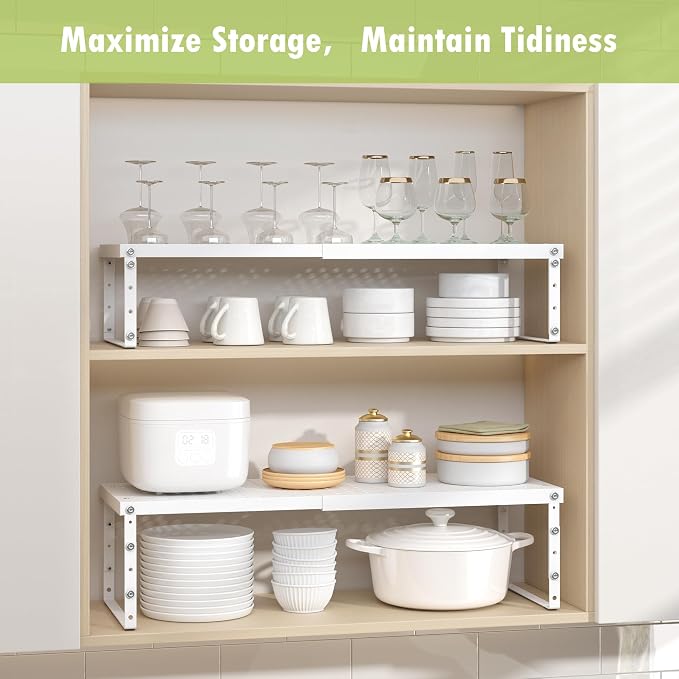 RUILALIFE Expandable Cabinet Organizer Shelf With Adjustable Height, Stackable Kitchen Countertop Organizer Rack, Adjustable Shelf Riser For Kitchen Counter, Pantry, Cupboard, Desk, Tabletop