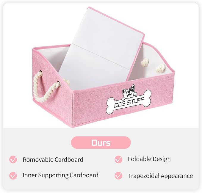 Dog Toy Basket, Storage Bin, Collapsible Box for Pet Accessories | Fabric Container With Handle, Trapezoid Holder for Small Medium dogs, Organizer for Living Room, Pink